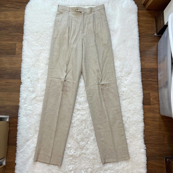 Pronti Collection by Phita Men's Pants 32 Linen Rayon Cream Trousers Pleated - Picture 3 of 10